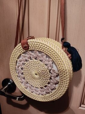 Woven Round Straw Crossbody Bag in Yellow and Beige